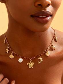 1件时尚精致多元素海洋主题项链，包含海星、贝壳、仿珍珠、海龟吊坠，波西米亚风日常佩戴 - 金色 - 查看 1