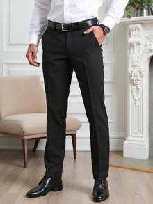 Men's Solid Color Waist Belt Pockets Straight Leg Suit Pants (Irregularities) - 黑色 - 查看 1