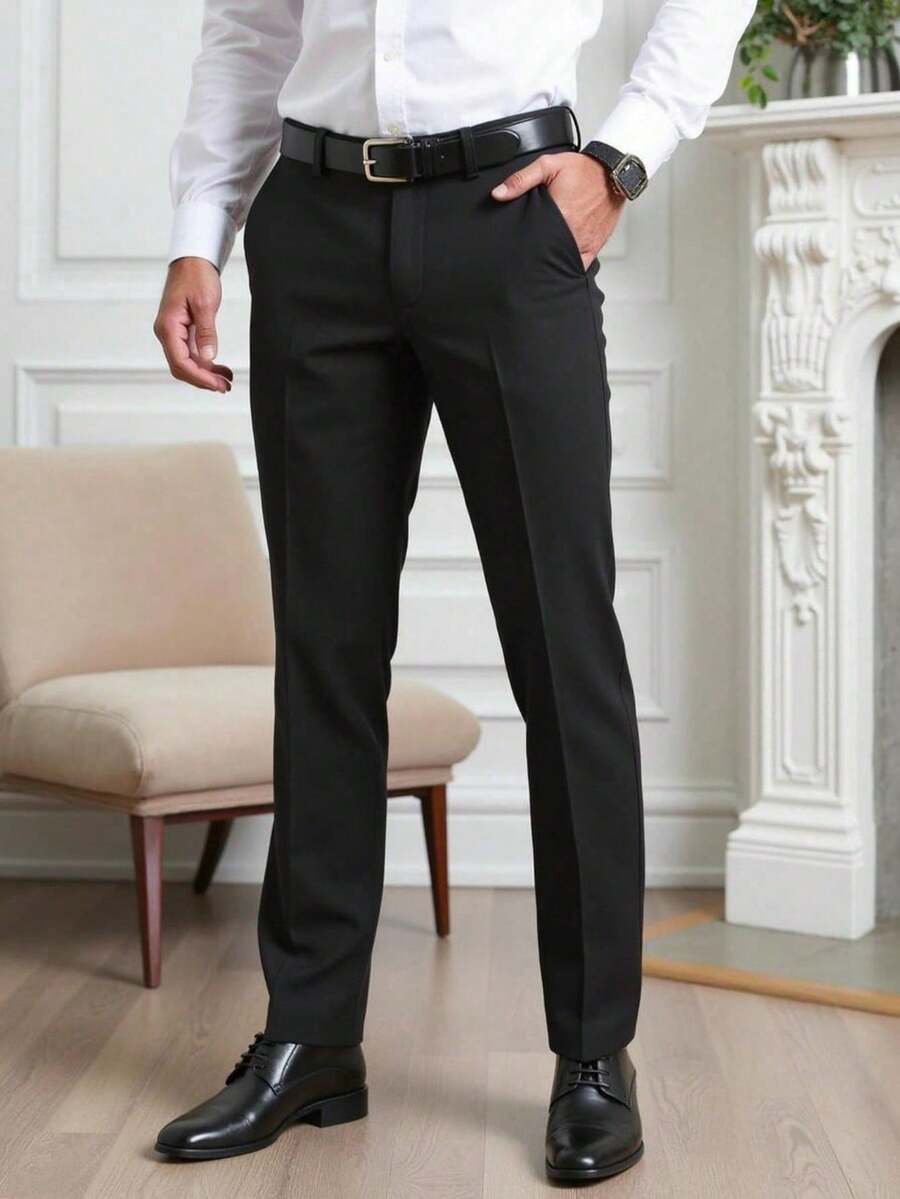Men's Solid Color Waist Belt Pockets Straight Leg Suit Pants (Irregularities) - 黑色 - 查看 1