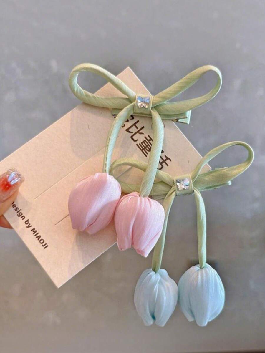 2个花朵郁金香蝴蝶结发夹,网状发饰,适合春夏佩戴,精美礼品之选 - 彩色 - 查看 1