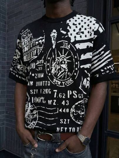 男女皆宜的休闲美式街头风百搭通勤通勤自由女神像多色印花宽松针织短袖圆领毛衣，黑色