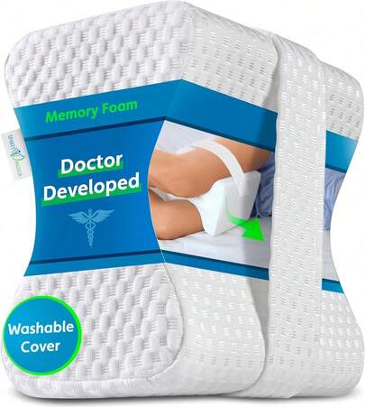 M-V-O Orthopaedic Memory Foam Knee Pillow For Side Sleepers, Contoured Leg Cushion For Back, Hip & Sciatica Pain Relief, Ergonomic Support, Soft Comfortable Foam With Removable Washable Cover