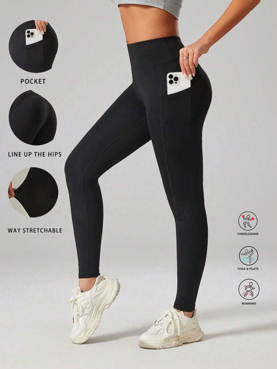 高腰收腹口袋瑜伽裤紧身打底裤运动服 - 黑色 - 查看 1