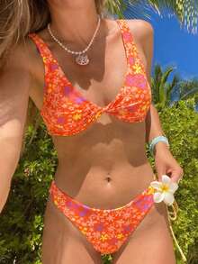 夏季新款女式比基尼泳衣，派對節慶甜美風，純色優雅印花扭結設計，雙肩帶兩件式海灘泳衣，度假風 - 彩色 - 查看 8