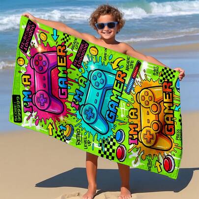 1pc Video Game Controller Design Beach Towel, Super Absorbent Large Beach Blanket, Suitable For Travel, Swimming Pool, Diving, Surfing, Yoga, Camping, Available In Multiple Sizes, Beach Accessories