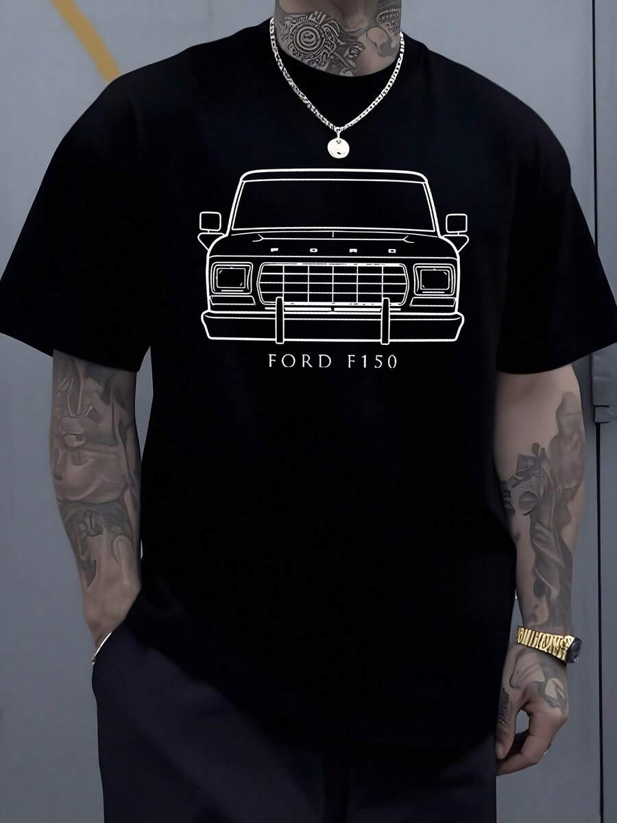 Frontal de una camioneta clásica que simboliza poder confianza y pasión por la carretera con líneas precisas que evocan la fuerza mecánica de un vehículo icónico y transmiten energía masculina camiseta de hombre cómoda moderna y perfecta para amantes del motor - Negro - Ver 1