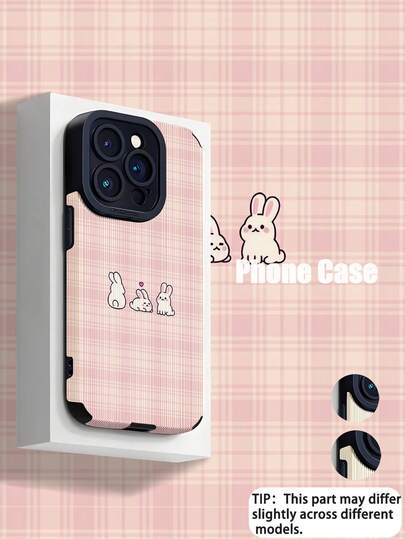 1pc Fashion Pink Plaid White Rabbit Pattern Vertical Faux Leather Soft Protective Phone Case, Suitable As Birthday, Holiday Gift For Friends, Family, Couples, Fits IPhone17/IPhone17 Air/IPhone17pro/IPhone17pro Max/IPhone16/IPhone16 Plus/IPhone16pro/IPhone16pro Max/IPhone15/IPhone15 Plus/IPhone15pro