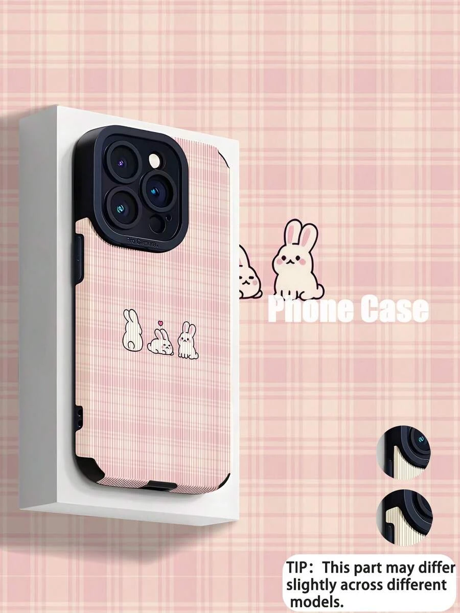 1个时尚粉色格子白兔图案竖款仿皮软壳保护手机壳，适合作为生日、节日礼物送给朋友、家人、情侣，适用于 17/ 17 Air/ 17 Pro/ 17 Pro Max/ 16/ 16 Plus/ 16 Pro/ 16 Pro Max/ 15/ 15 Plus/ 15 Pro - 彩色 - 查看 1