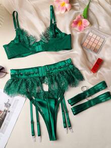 Conjunto de lencería de 3 piezas para mujer, con lencería retro sexy de encaje verde oscuro, decorado con remaches, que incluye liguero y tanga - Verde Oscuro - Ver 3