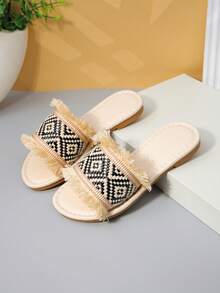 Girls' Beige Geometric Woven Fringe Slide Sandals, Bohemian Open Toe Vacation Shoes For Kids - Apricot - View 5