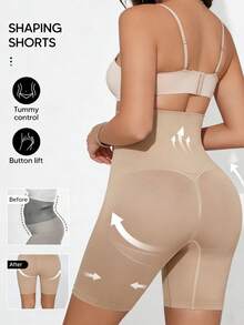 Suprenx Plus Size Solid Color High Waist Tummy Control Shorts (Mid-Thigh) - Beige - View 7