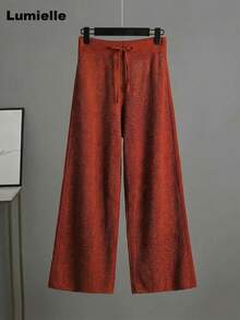 Lumielle Women's Solid Color Round Neck Drop Shoulder Long Sleeve Sweater And Wide Leg Knit Pants 2 Piece Set, Autumn/Spring Clothes(This Style Runs Small.) - 紅色春夏款 - 查看 3