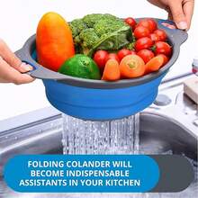 1 Set Round Kitchen Colander Basket, Comes With Foldable Funnel, Plastic Handle, Silicone Material, Suitable For Kitchen. Great For Draining Pasta, Vegetables And Fruits, Multi-Function Fruit & Vegetable Strainer (Green, Red, Blue) - Multicolor - View 12