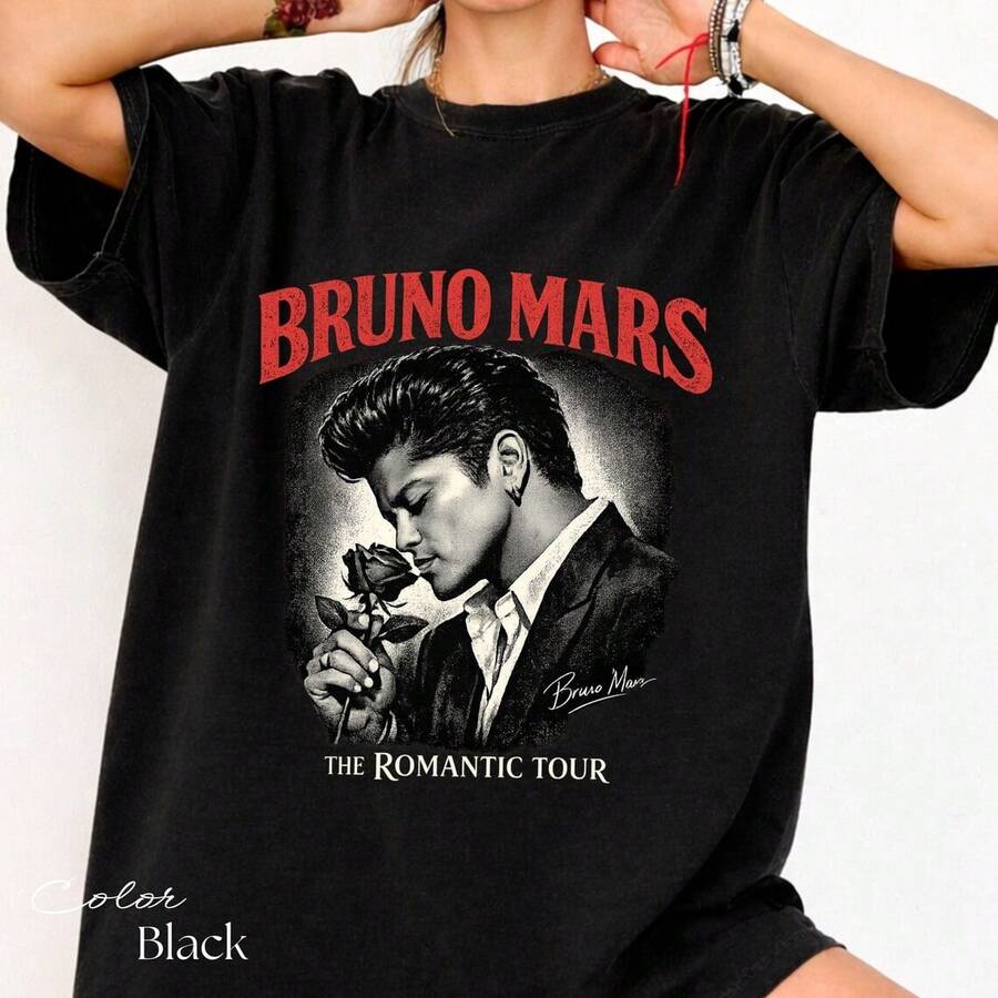 Bruno Mars The Romantic Tour T-Shirt 2026, Retro Pop Concert Tee, Unisex Music Fan Gift - màu đen - Xem 1