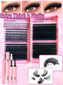 80片装3D浓密睫毛嫁接套装，包含睫毛簇、睫毛胶水、卸妆液、镊子和睫毛嫁接工具。 - 黑色 - 查看 9