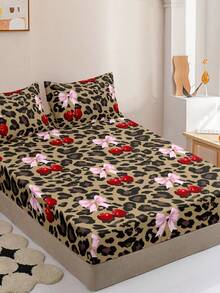 3件套豹纹樱桃图案床上用品（1个床笠+2个枕套，不含枕芯），蝴蝶印花防滑床罩，少女风蝴蝶印花床上用品，柔软亲肤 - 彩色 - 查看 1