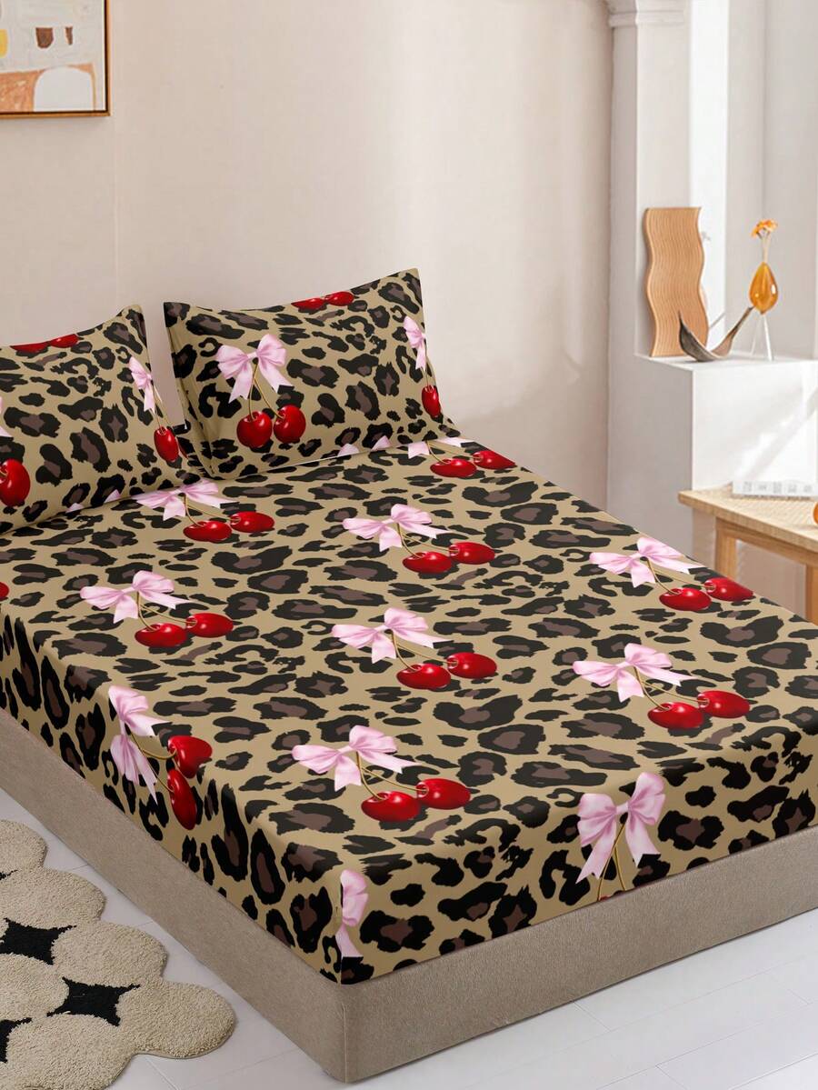 3件套豹纹樱桃图案床上用品（1个床笠+2个枕套，不含枕芯），蝴蝶印花防滑床罩，少女风蝴蝶印花床上用品，柔软亲肤 - 彩色 - 查看 1