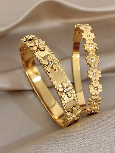 Flower Bangle Bracelet For Women 18K Golden Plated Bangle Bracelet For Daily Party Valentine Wedding Music Festival Christmas Mother Day Jewelry Gifts
