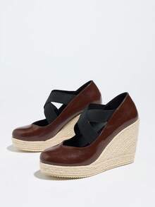 Women's Platform Wedge Shoes, Retro Brown Round Toe Jute Wedge High Heels, Elastic Strap Slip-On Pumps - Brown - View 6