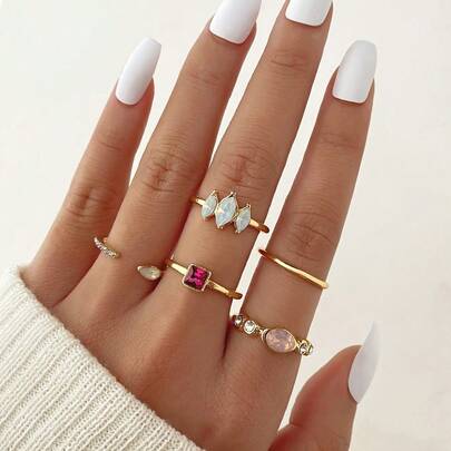 5 chiếc nhẫn đeo đốt ngón tay nhiều màu sắc kiểu cổ điển, hình vuông và hình bầu dục, nhẫn hở, nhẫn thời trang sáng tạo, nhẫn dễ thương đa năng, thiết kế độc đáo, có thể đeo chồng lên nhau hoặc đeo riêng lẻ, món quà hoàn hảo cho gia đình và bạn bè, phụ kiện đeo tay dành cho nhiếp ảnh gia.