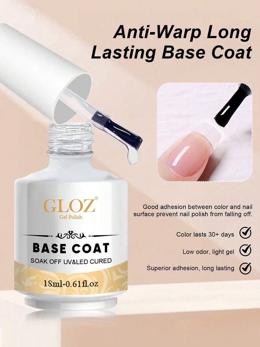 GLOZ 18ml Gel Base Coat, Transparent No-Wipe Gel Nail Polish Base Coat, Long-Lasting, Suitable For DIY Home Gel Manicure UV Curing - 1 Set - View 1