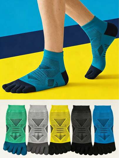 1/3/4双装男士撞色几何针织五趾踝部运动袜，透气吸湿压缩运动短袜，专业徒步跑步训练健身袜，适合户外运动，春夏皆宜，馈赠亲友佳品