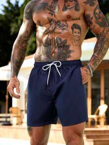 ZELFYO Men's Solid Color Drawstring Waist Pockets Loose Beach Shorts Men Swim Trunks Bathing Suit Men Beachwear - 海軍藍 2 - 查看 6