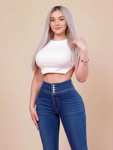 高腰浅蓝色紧身牛仔裤，凸显曲线的铅笔裤，适合春夏度假和外出穿着，女士牛仔裤 - 藍色 - 查看 4