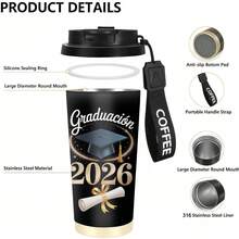 1pc/5pcs 500ml Stainless Steel Insulated Coffee Tumbler, Suitable For Graduation Season With Diploma/Graduation Cap & Balloon Patterns, Perfect For Coffee Lovers To Use At Home Or School For Coffee Or Juice, Leak-Proof Double-Wall Vacuum Insulated Portable Travel Mug, Ideal Gift For Son/Daughter, Friends, Boyfriend/Girlfriend On Holidays Or Birthdays - Black - View 5
