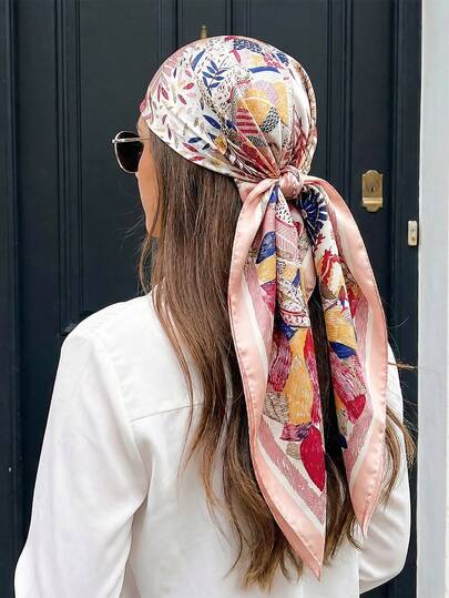 1 pieza Pañuelo de satén con estampado floral elegante de 90 cm para mujeres, accesorio ligero para el cabello, cuello, bufanda, pañuelo de cabeza, chal transpirable y decoración de bolso de moda, perfecto para combinar con atuendos de primavera y verano, accesorio de protección solar para todo el año para oficina, viajes y regalos.