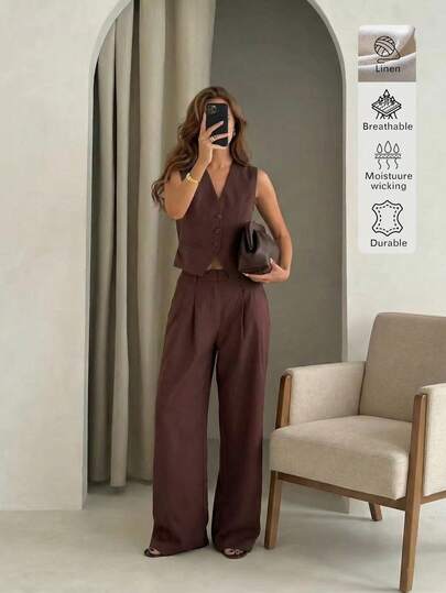 Conjunto informal elegante de 2 piezas de color liso de lino, adecuado para fiesta, oficina, uso diario, cita, calle, aeropuerto en verano, atuendos de verano para mujer