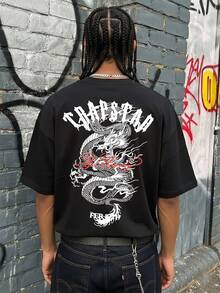 FRACTYR Men's Summer Casual Street Fashion English Black & Red Dragon Graphic Double-Sided Loose Fit Round Neck Short Sleeve T-Shirt - Black - View 3