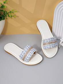 Sandalias de diapositiva con adornos de tweed azul y diamante de imitación para niñas, zapatos de verano elegantes de punta abierta para niños - Azul y blanco - Ver 1