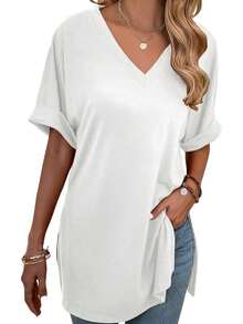 3pcs/Set 2026 Women's Fashion Spring/Summer New Arrival, Loose Side Slit Mid-Length T-Shirt, Solid V-Neck Short Sleeve Casual Top, Basic Tee, Suitable For Daily Commute, Dating, Versatile, Streetwear, Machine Washable - Multicolor - View 4