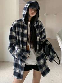 女士宽松落肩格子休闲长袖衬衫，春/秋 - 藏蓝色 - 查看 6