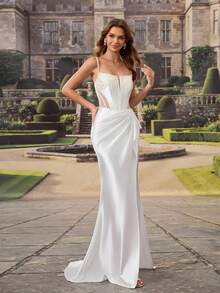 HEARBOBO 别致巴洛克风格返校礼服，高端缎面吊带美人鱼长裙，法式白色婚纱 - 白色 - 查看 2