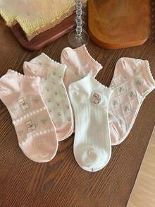 5 đôi tất cổ chân mỏng, dễ thương, họa tiết mèo dễ thương, màu hồng nhạt, kiểu Nhật Bản. - Nhiều màu - Xem 1