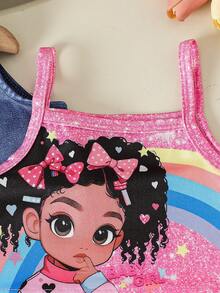 Baby Girls' Fashion Casual Cute 3-Piece Set: Sleeveless Printed Top + Printed Camisole + Printed Simple Shorts - Blue - View 5