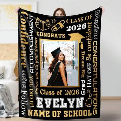 Custom Graduation Blankets For Class Of 2026, Flannel Personalized Photo And Text/Name Blankets For Classmates Roommates, High School, College, Master, Doctoral Students, Personalized Soft And Comfortable Blankets, Customized Special Photo And Text/Name As Graduation Gift, Birthday Gifts, Family, Wedding, Souvenir Customized Blankets, Blankets Suitable For All Seasons, Washable, Machine Washable, Lightweight, Breathable, Comfortable, Warm, Comfortable Customization, Unique, 280gsm For Him, Her Personalized Ideal Gifts For Her, Him, Family, Boyfriend, Girlfriend, Father, Family, Mother, Lover, Daughter, Son, Grandfather, Grandmother, Friend, Classmate, Pet. Perfect Nap, Camping, Travel, Home, Daily Life, Office Decoration, Birthday, Anniversary, Valentine's Day, Thanksgiving, Christmas, Halloween, Mother's Day, Father's Day, Wedding, Easter,New Year Gifts,Sofa,Bed,Car,Bedroom,Living Room,Office, Outdoor Camping, Beach,Wall Decoration