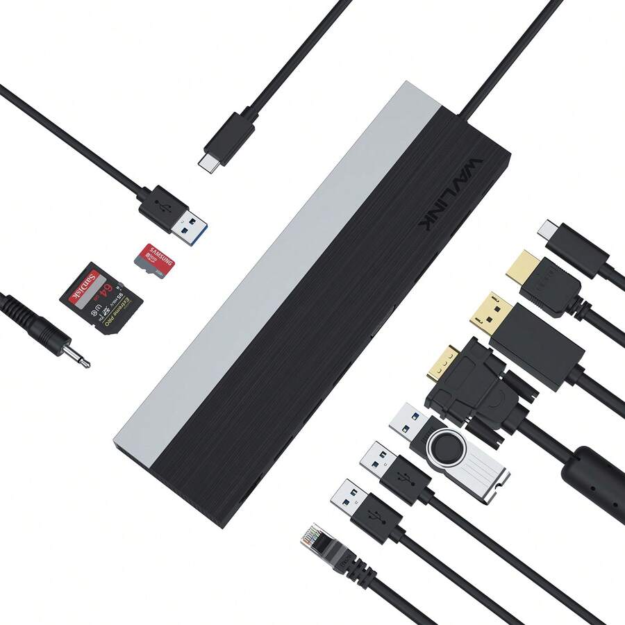 12 合 1 USB-C 集线器 | 三屏显示扩展坞，支持 4K HDMI、DP、VGA | 100W PD 快充、5Gbps USB 3.0、千兆以太网、SD/TF 读卡器、3.5mm 音频接口 | 黑色铝合金 Type-C 适配器，兼容 Macbook、HP 等设备