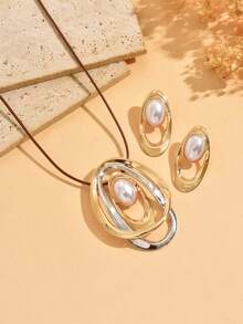 3pcs/Set Unique Geometric Gold Tone Earrings & Faux Pearl Necklace Jewelry Set, Minimalist Elegant Design, Suitable For Daily Wear, Parties, And As Gifts - Multicolor - View 3