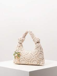 花卉波西米亚风夏季沙滩包，旅行和邮轮必备，女士度假装扮，钩针编织套装，优雅女士钱包，女士礼物（图案随机） - 杏色 - 查看 2