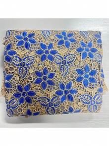 1件蓝色3码蕾丝刺绣非洲面料，花卉亮片雪纺蕾丝面料，涤纶法国网纱蕾丝，带亮片，精致刺绣图案。非常适合室内装饰或缝制婚纱。尼日利亚服装面料，DIY手工材料。 - 蕾絲刺繡 - 查看 4