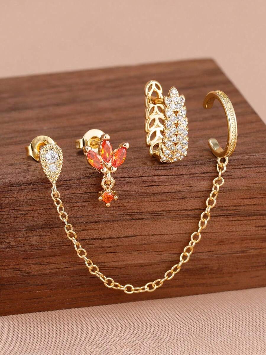 Bộ 3 khuyên tai hình hoa màu cam đính đá Zirconia kiểu cổ điển, khuyên tai kẹp tai có dây tua rua, trang sức mạ vàng 18K dành cho nữ, quà tặng đính hôn và sinh nhật. - Vàng-4# - Xem 1