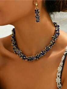 3件套欧美不对称串珠奢华项链耳环首饰套装，适合女士派对和宴会佩戴 - 寶藍色 - 查看 4