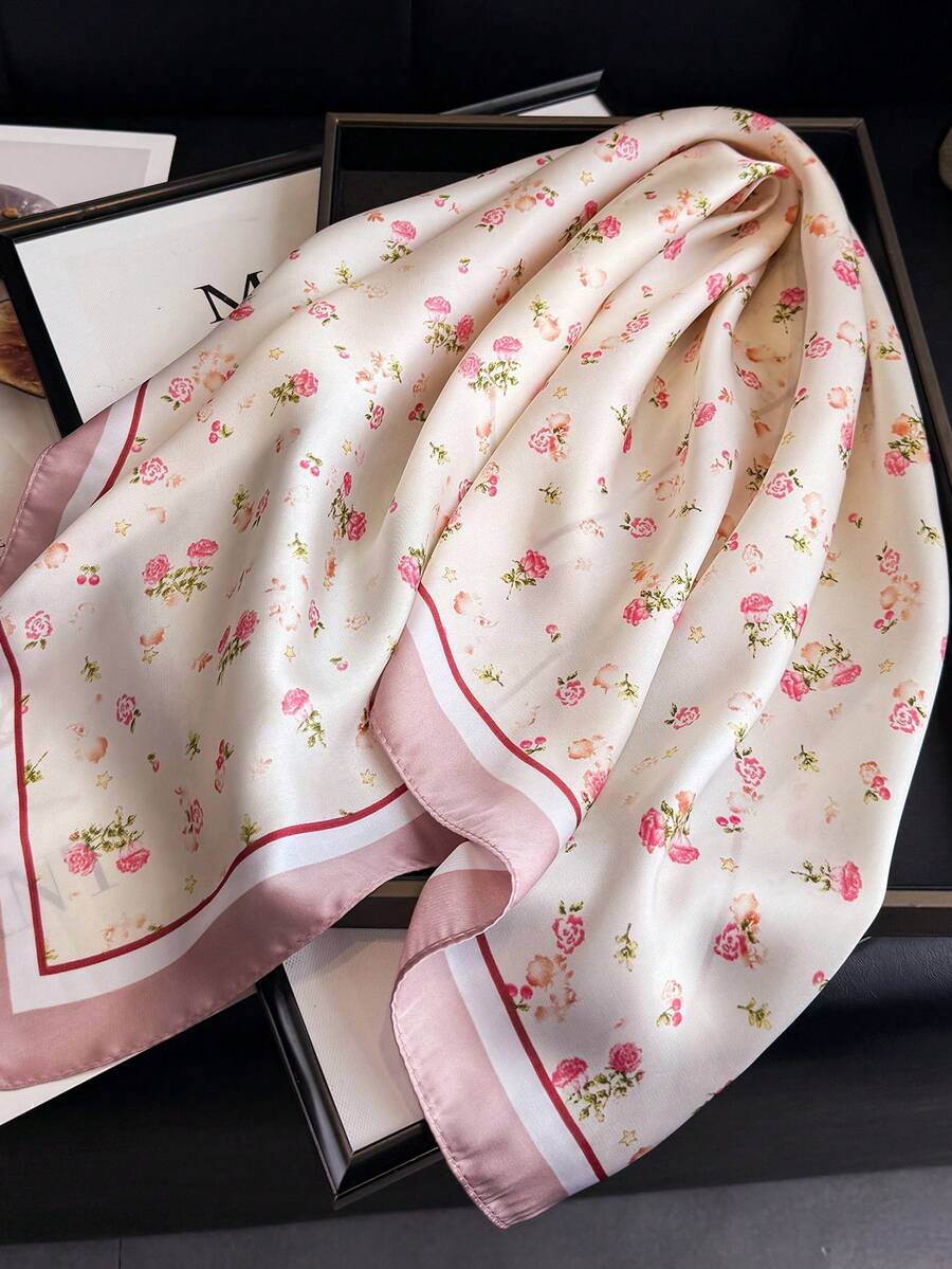 1条女士优雅复古印花薄款缎面方巾，仿丝材质，波西米亚复古休闲风，可作围巾、披肩，轻薄舒适，适合春夏日常佩戴和外出。 - 粉色 - 查看 1