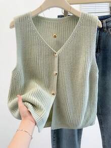 女士V领纽扣前开襟毛衣背心，春夏休闲可爱宽松时尚针织上衣，女士夏季上衣，可爱夏季女式上衣 - 薄荷綠 - 查看 1
