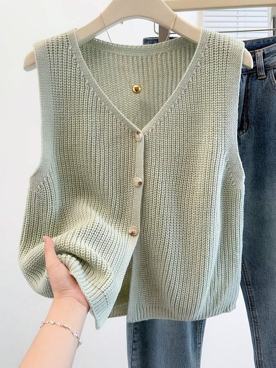 女士V领纽扣前开襟毛衣背心，春夏休闲可爱宽松时尚针织上衣，女士夏季上衣，可爱夏季女式上衣 - 薄荷綠 - 查看 1