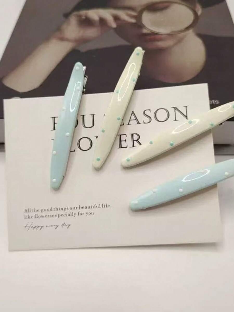 2个奶油色、白色和蓝色波点可爱百搭波浪形发夹，简约发饰 - 彩色 - 查看 1