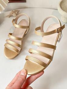 时尚金属色女童高跟凉鞋 | 透明粗跟，适合特殊场合 - 金色 - 查看 4